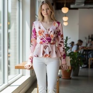 Banana Republic Pink Floral Silk Peplum Blouse